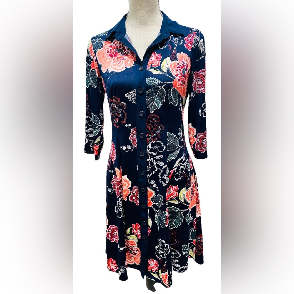 Rabbit Rabbit Rabbit Vintage Navy Floral Dress Button Front 8 Cottage Stretch
